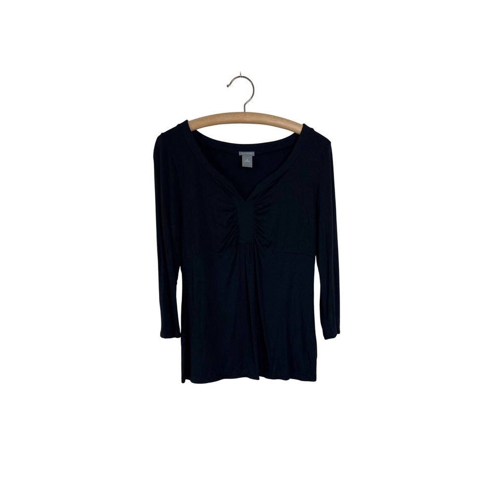 Ann Taylor Blouse Women Med. Black 3/4 Sleeve Ruched Empire Waist Knit Top PG11